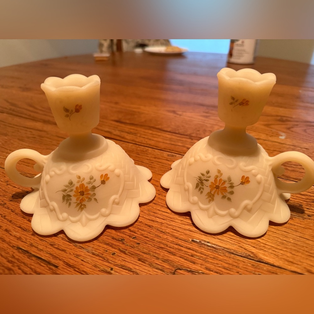 Vintage Fenton Glass Hand Painted By Kim Blake Candle Stick Holder With Handle